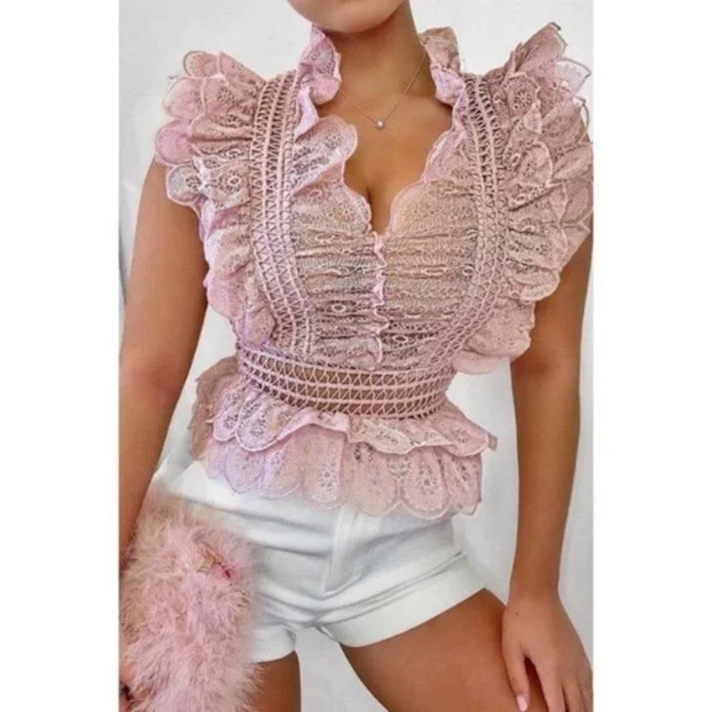 Pink Crochet Lace Sleeveless V-Neck Ruffle Peplum Top Blouse - Picture 10 of 12